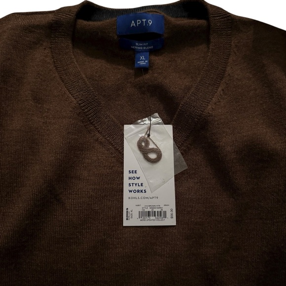 Men’s Apt 9 Merino Wool Blend Brown V Neck Long Sleeve Sweater - Picture 2 of 8